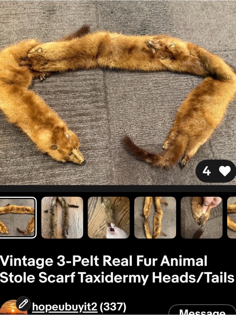 Vintage Real Fur Stole Scarf with Heads and Tails - Brown